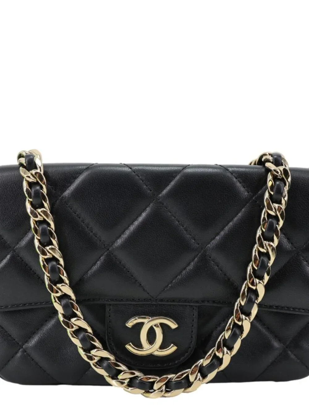 Chanel Elegant CC Flap Quilted Lambskin Leather Chain Crossbody Bag Black